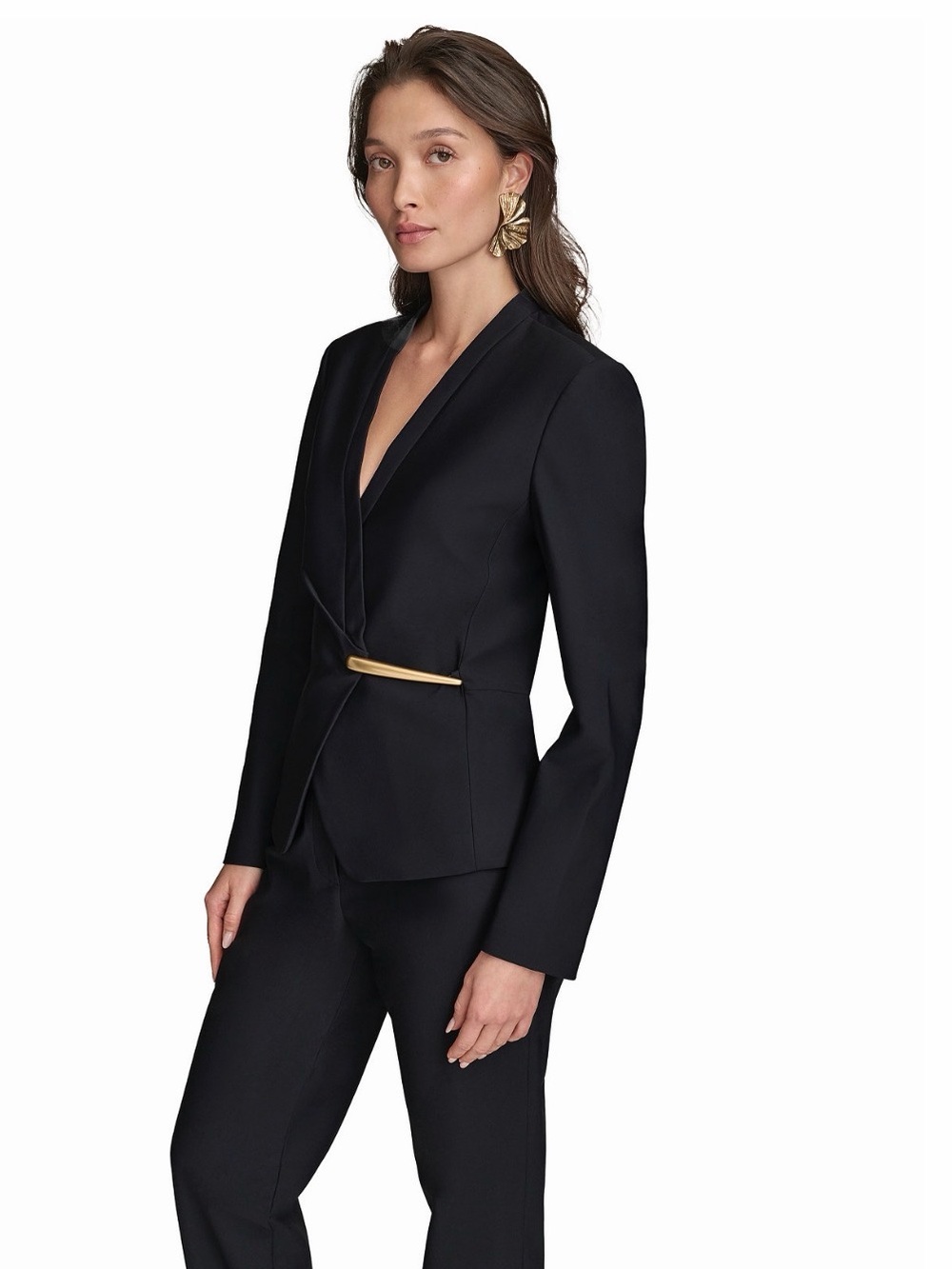 Donna Karan Black Tailored Blazer with Gold Accent Bar